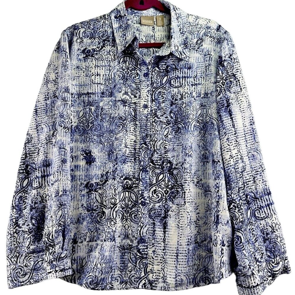 Chico's Fleur-de-lis Blouse Women’s Size 3 Blue XL/16 Easy Care Button Down - Picture 15 of 15